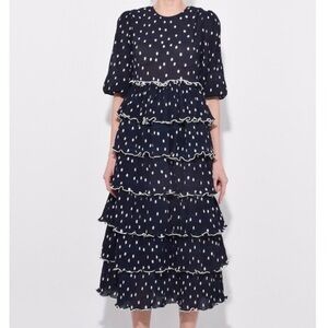 GANNI Lowell Ruffled Polka Dot Dress Navy Blue Midi Size 38 6 US Tiered Evening